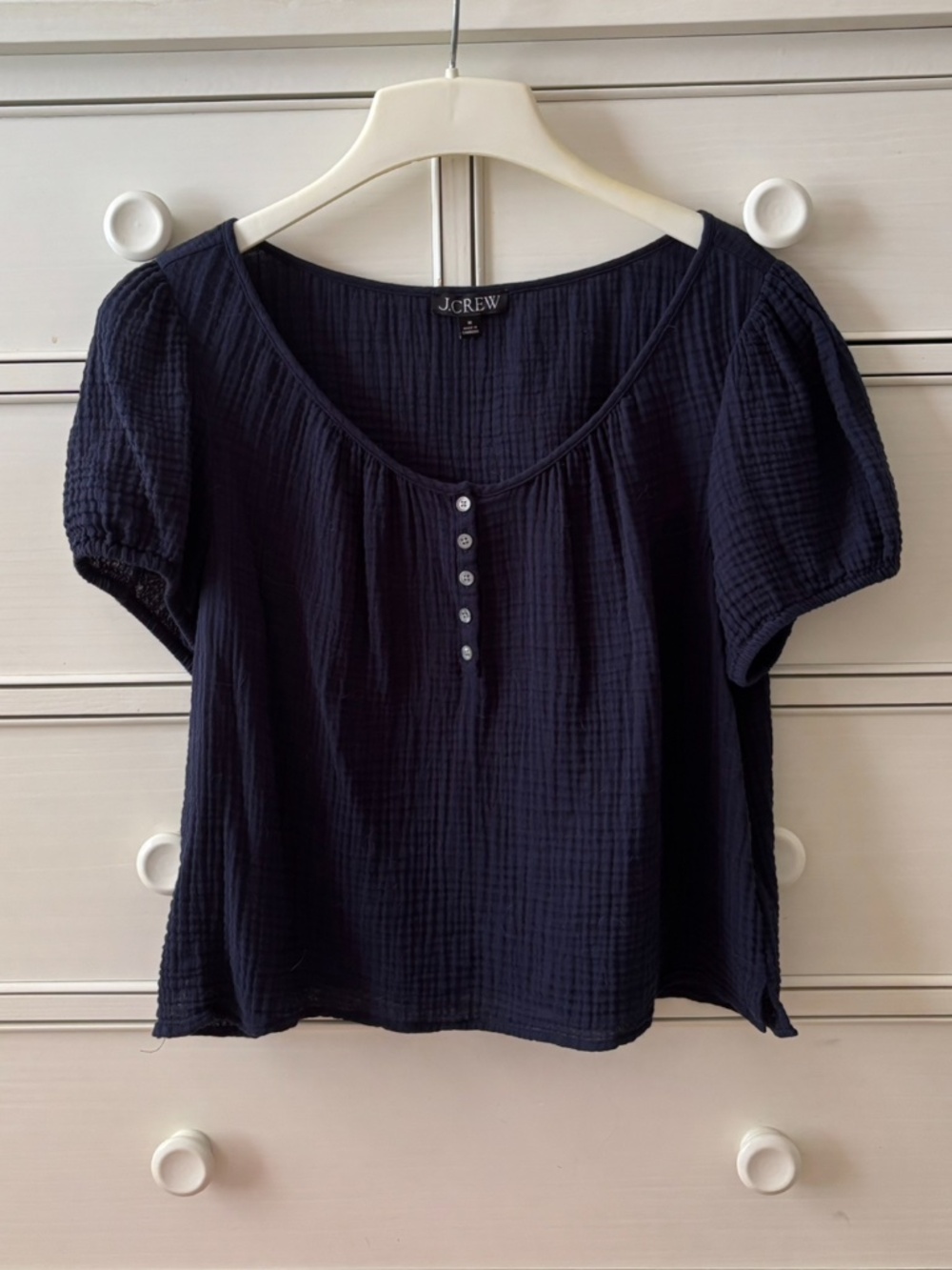 J. Crew Puff-sleeve henley top in gauze, M, navy.